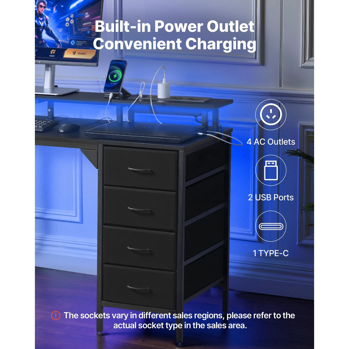 47" Computer Desk with LED Lights & Power Outlets, Gaming Table with 4 Large Drawers, Office Desk with Monitor Stand, Study Work Home Office, Small Spaces, Black