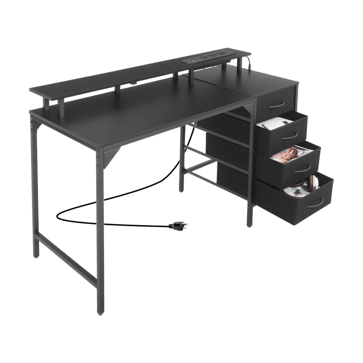 47" Computer Desk with LED Lights & Power Outlets, Gaming Table with 4 Large Drawers, Office Desk with Monitor Stand, Study Work Home Office, Small Spaces, Black