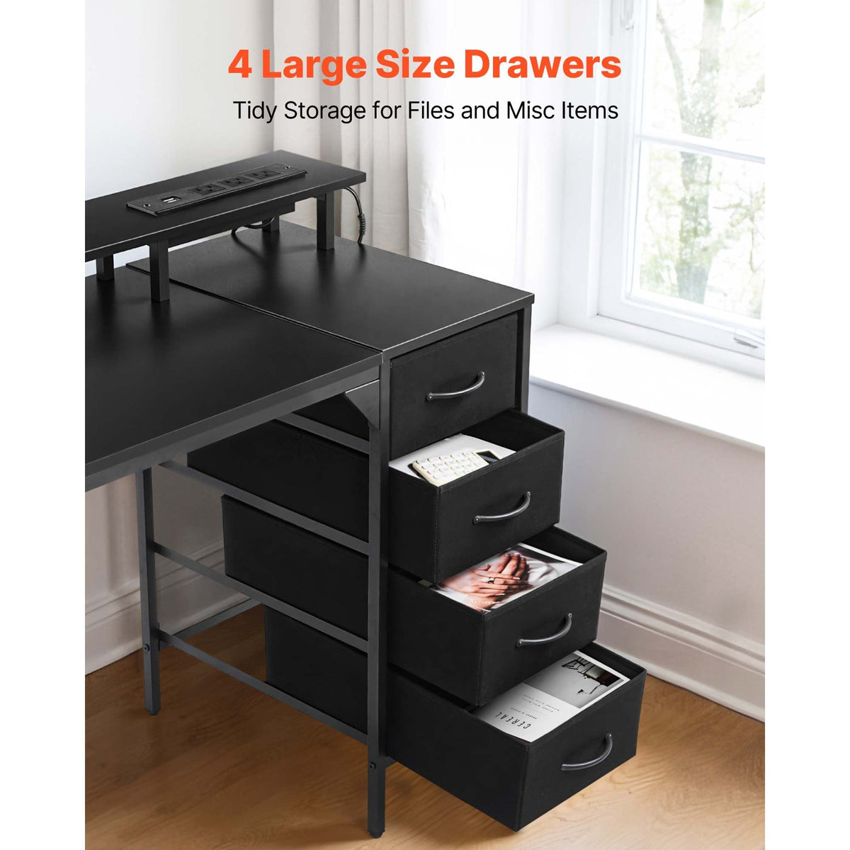 47" Computer Desk with LED Lights & Power Outlets, Gaming Table with 4 Large Drawers, Office Desk with Monitor Stand, Study Work Home Office, Small Spaces, Black