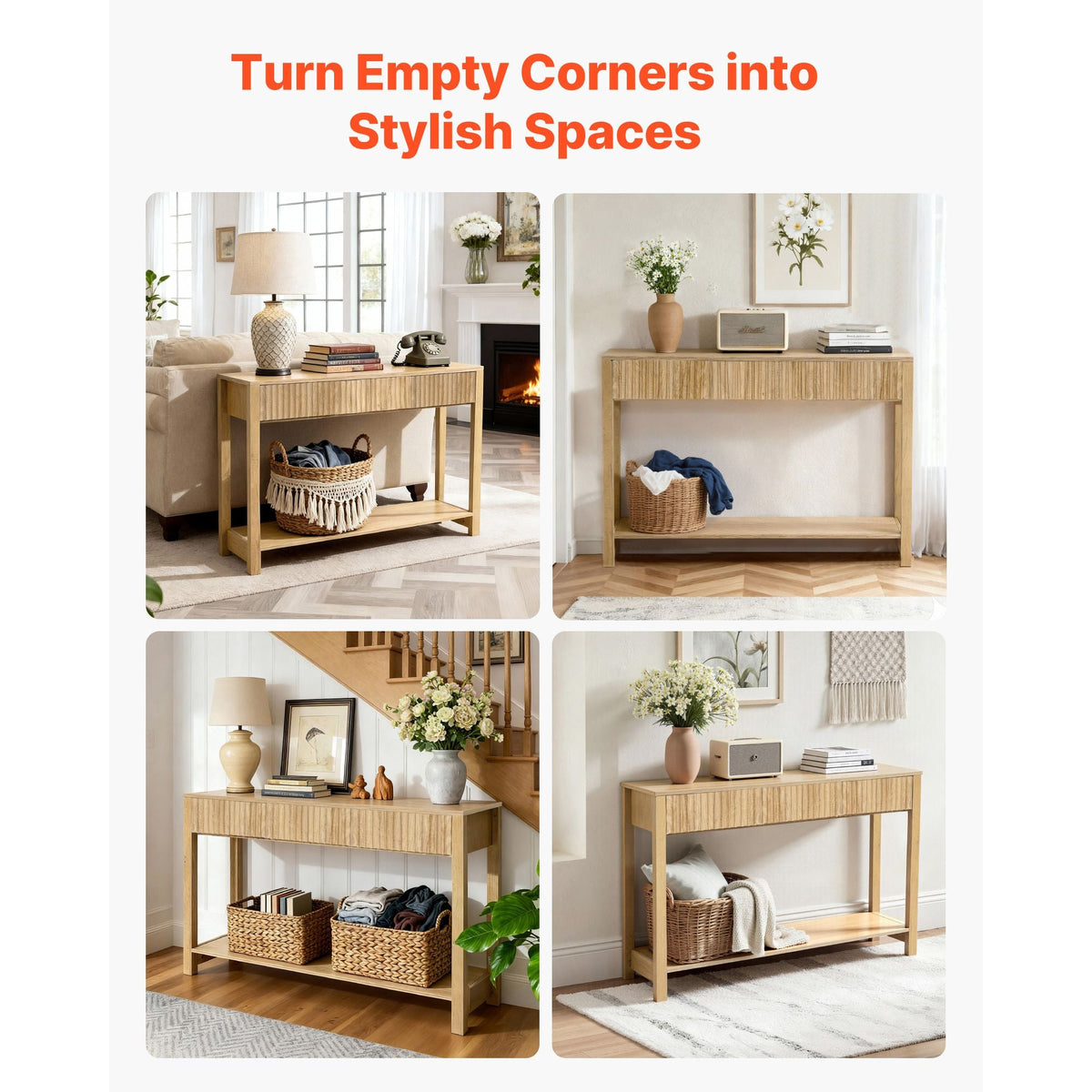 47 in Console Table, Farmhouse Desk Behind the Couch with Drawers and Bottom Storage Shelf, Wooden Rectangle Entrance Narrow Sofa Table for Hallway, Bedroom, Living Room, Foyer, Burlywood