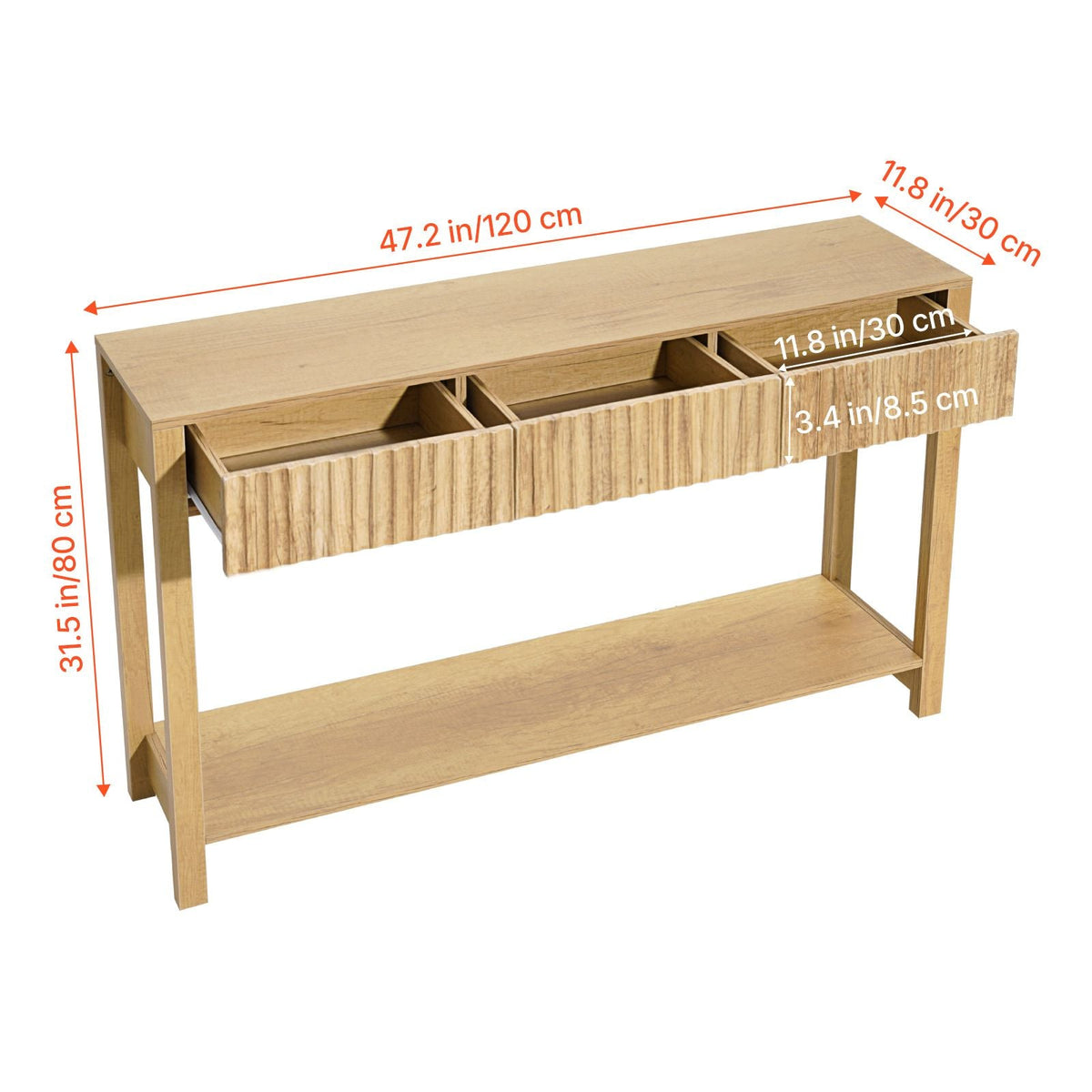 47 in Console Table, Farmhouse Desk Behind the Couch with Drawers and Bottom Storage Shelf, Wooden Rectangle Entrance Narrow Sofa Table for Hallway, Bedroom, Living Room, Foyer, Burlywood