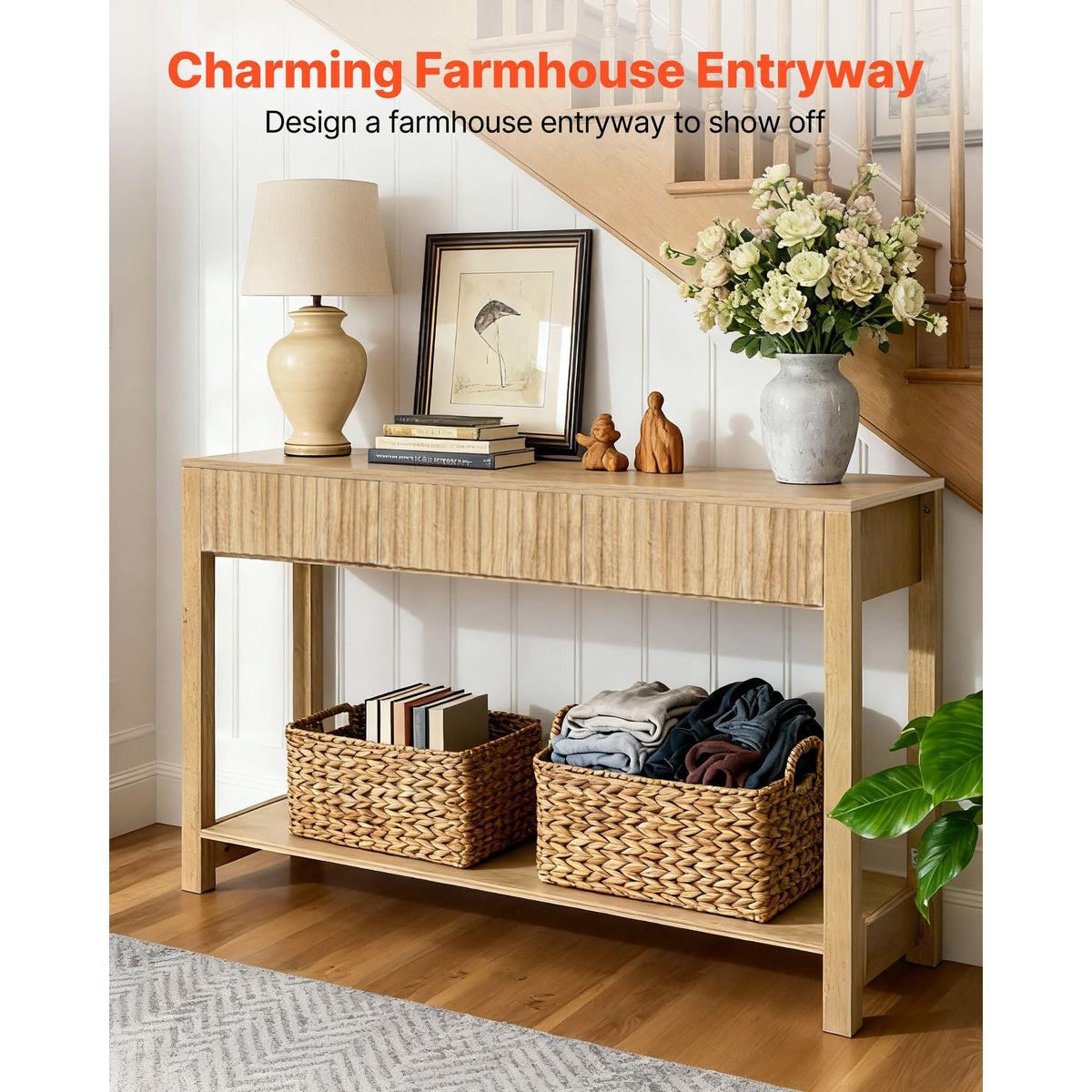 47 in Console Table, Farmhouse Desk Behind the Couch with Drawers and Bottom Storage Shelf, Wooden Rectangle Entrance Narrow Sofa Table for Hallway, Bedroom, Living Room, Foyer, Burlywood
