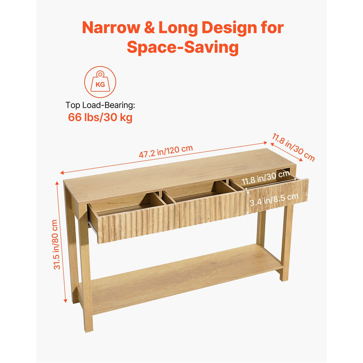 47 in Console Table, Farmhouse Desk Behind the Couch with Drawers and Bottom Storage Shelf, Wooden Rectangle Entrance Narrow Sofa Table for Hallway, Bedroom, Living Room, Foyer, Burlywood