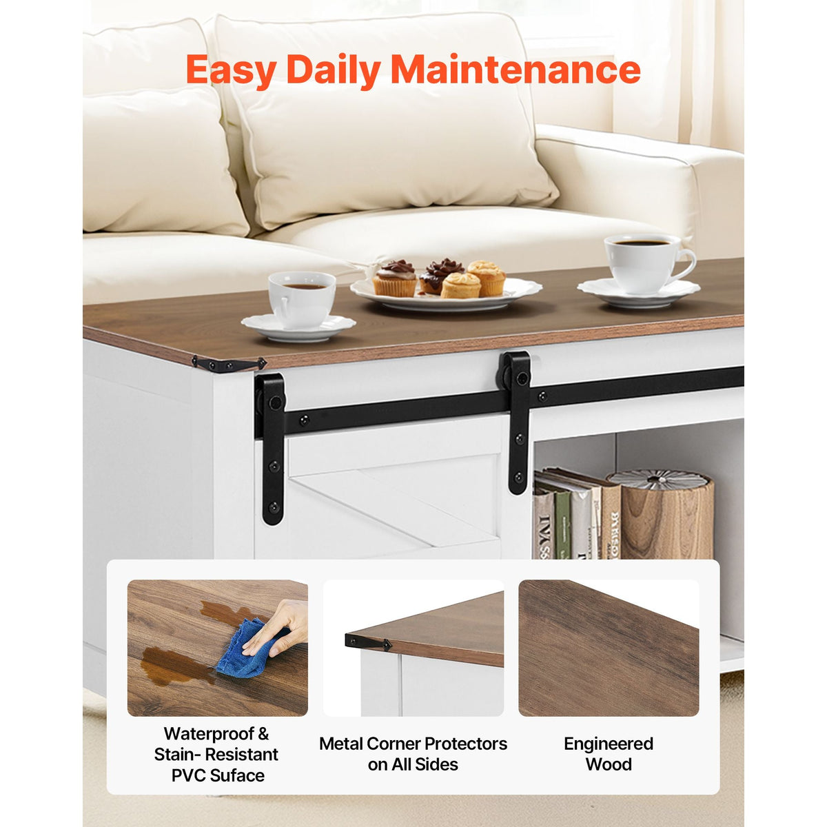 47.2 in Farmhouse Lift Top Coffee Table, Rustic Center Table with Barn Door and Hidden Storage Compartment, Modern Rectangle Lifting Tabletop for Living Room, Office, Home, Easy Assembly, White