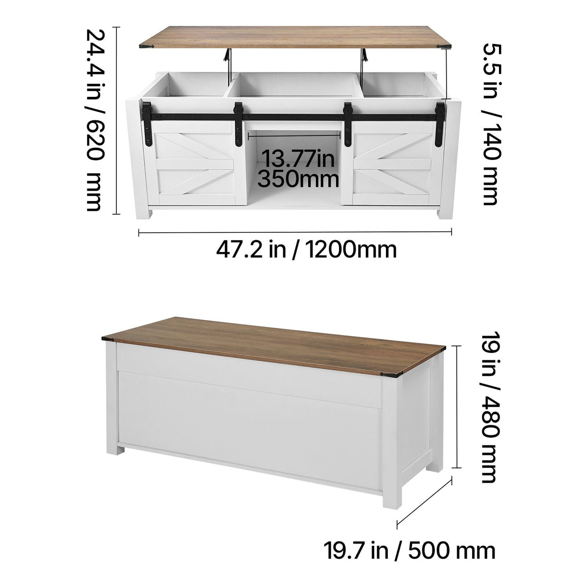 47.2 in Farmhouse Lift Top Coffee Table, Rustic Center Table with Barn Door and Hidden Storage Compartment, Modern Rectangle Lifting Tabletop for Living Room, Office, Home, Easy Assembly, White