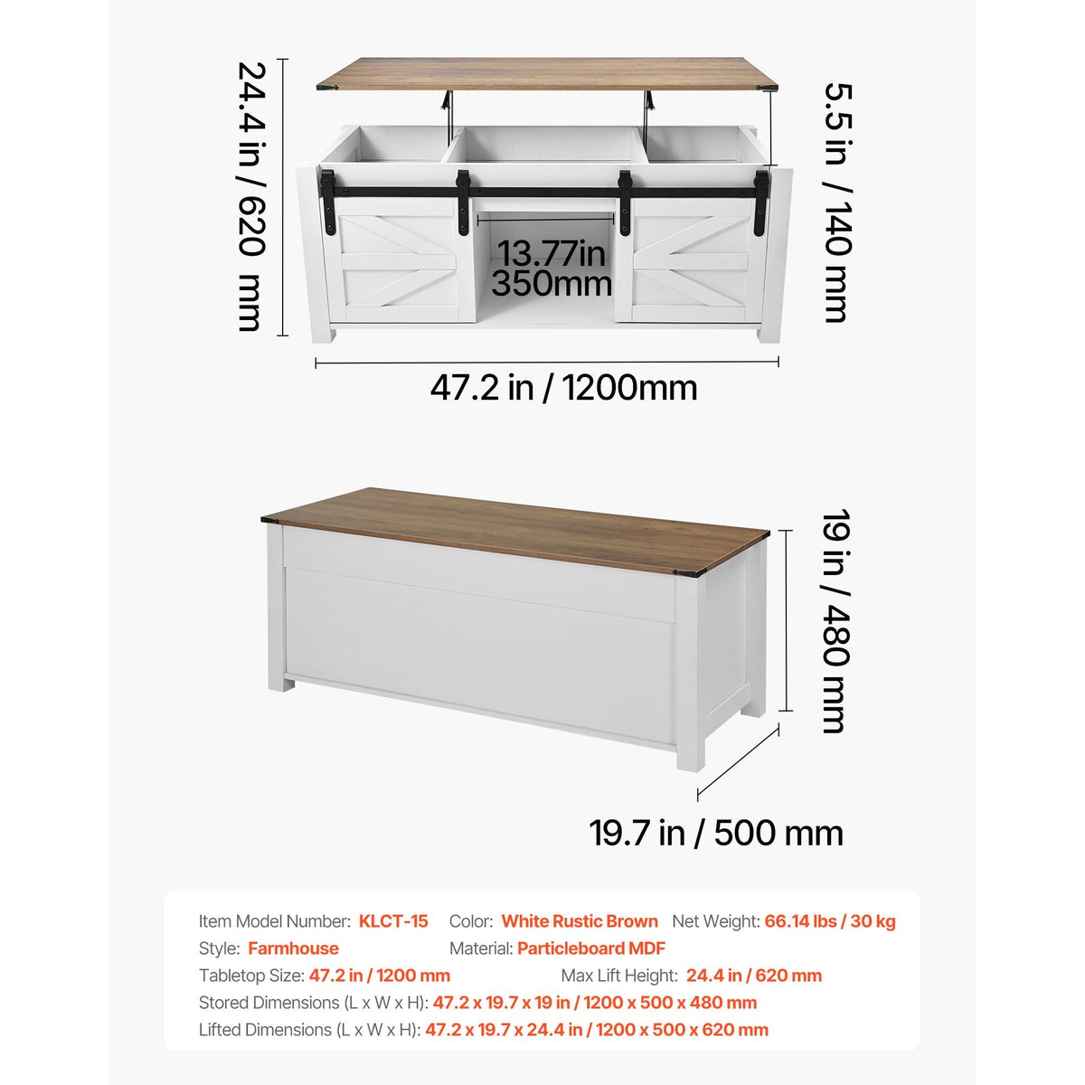 47.2 in Farmhouse Lift Top Coffee Table, Rustic Center Table with Barn Door and Hidden Storage Compartment, Modern Rectangle Lifting Tabletop for Living Room, Office, Home, Easy Assembly, White
