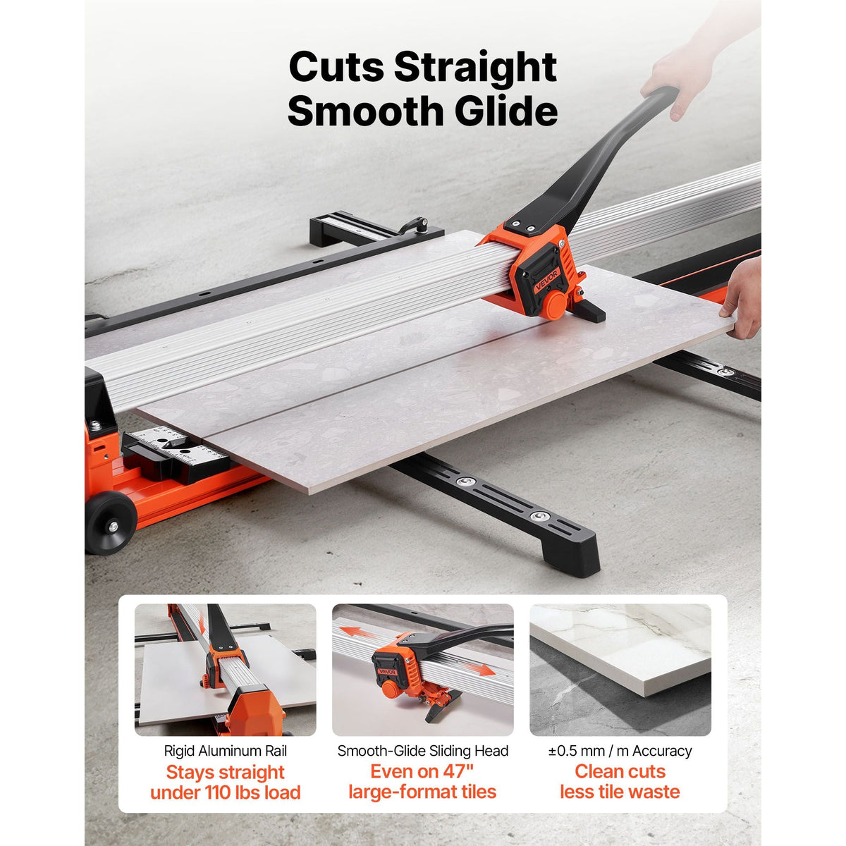 47.2-Inch Manual Tile Cutter, Upgraded Rail and Sliding Head, Precision Alignment Guide, Tungsten Carbide Cutting Wheel, Support Legs with Swivel Wheels, for DIY Pros, Ceramic, Floor, Wall Tiles