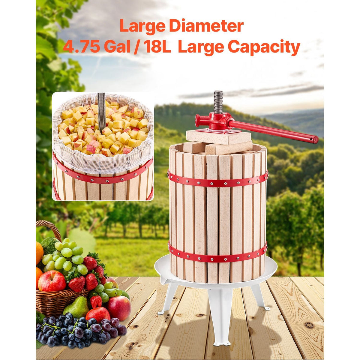 4.75 Gal/18L Fruit Wine Press, Solid Wood Basket with 8 Blocks, Heavy Duty Manual Juice Maker, Cider Apple Grape Tincture Honey Olive Oil Making Press with Handle for Kitchen, Home