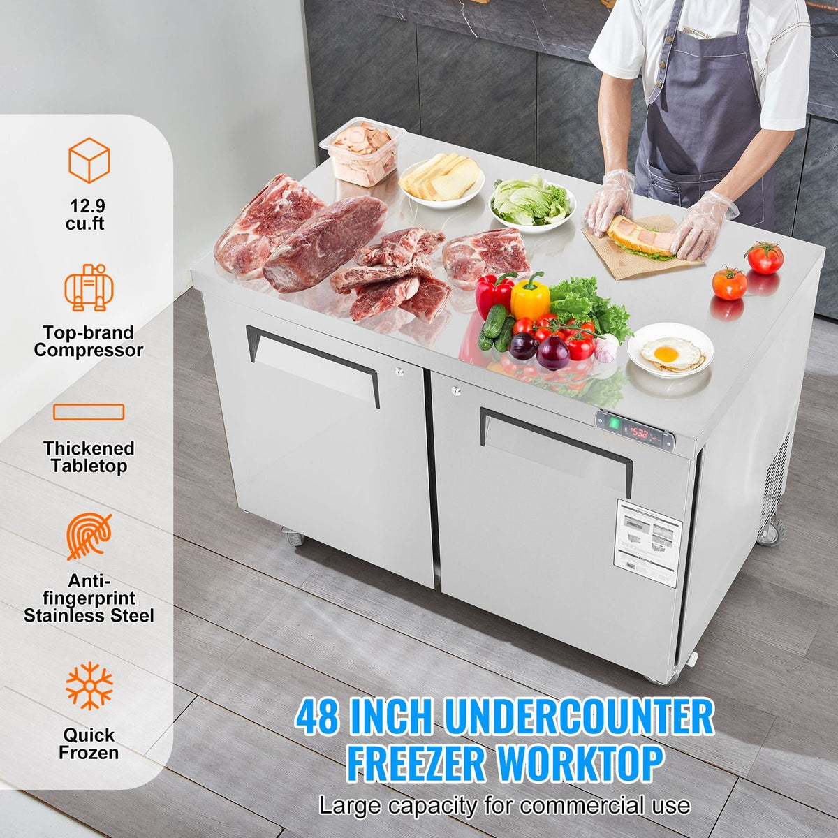 48" Commercial Frozen Refrigerator Sandwich & Salad Prep Table, 12.9 Cu. Ft Stainless Steel Refrigerated Food Prep Station with 2 Doors, Frost Free Refrigerator with Lock for Restaurant, Bar