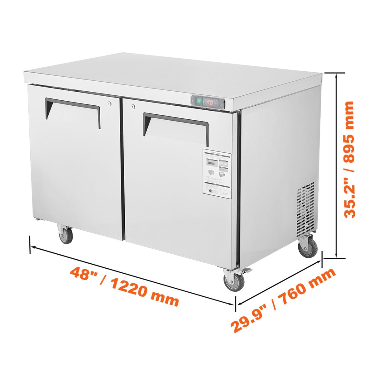 48" Commercial Frozen Refrigerator Sandwich & Salad Prep Table, 12.9 Cu. Ft Stainless Steel Refrigerated Food Prep Station with 2 Doors, Frost Free Refrigerator with Lock for Restaurant, Bar