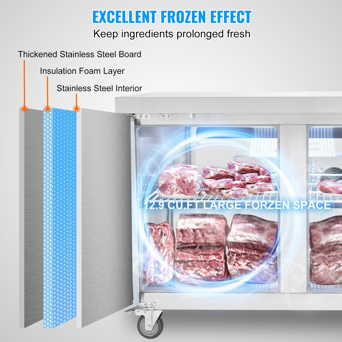 48" Commercial Frozen Refrigerator Sandwich & Salad Prep Table, 12.9 Cu. Ft Stainless Steel Refrigerated Food Prep Station with 2 Doors, Frost Free Refrigerator with Lock for Restaurant, Bar