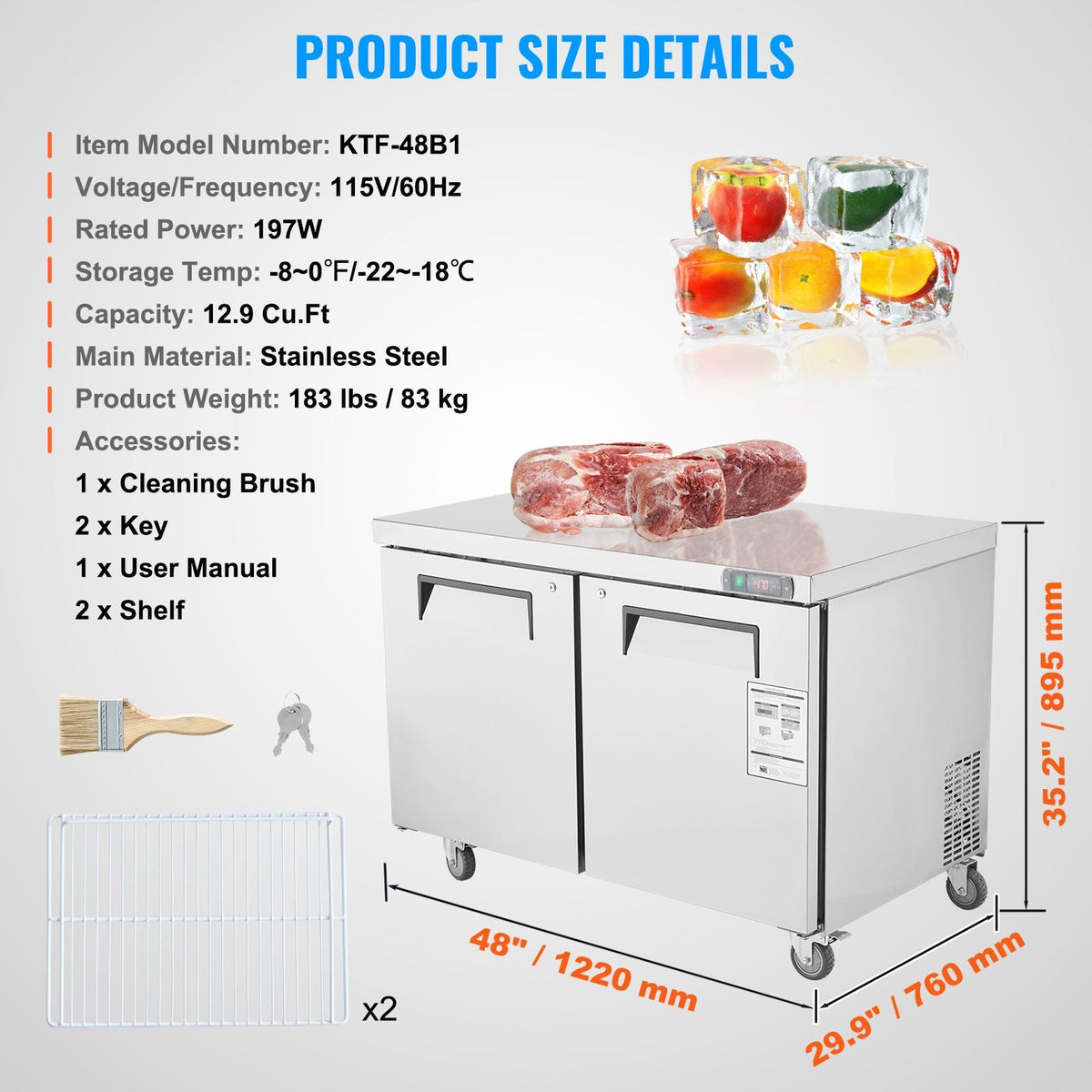 48" Commercial Frozen Refrigerator Sandwich & Salad Prep Table, 12.9 Cu. Ft Stainless Steel Refrigerated Food Prep Station with 2 Doors, Frost Free Refrigerator with Lock for Restaurant, Bar