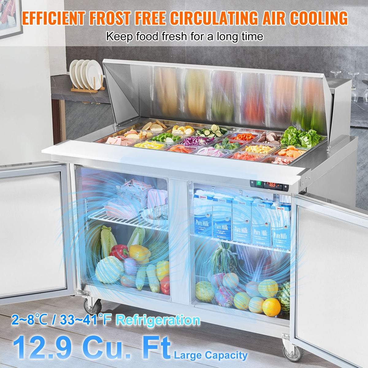 48" Commercial Refrigerator Sandwich & Salad Prep Table, 12.9 Cu. Ft Stainless Steel Refrigerated Food Prep Station with 18 Pans, Cut Board, Frost Free Refrigerator with Lock for Restaurant