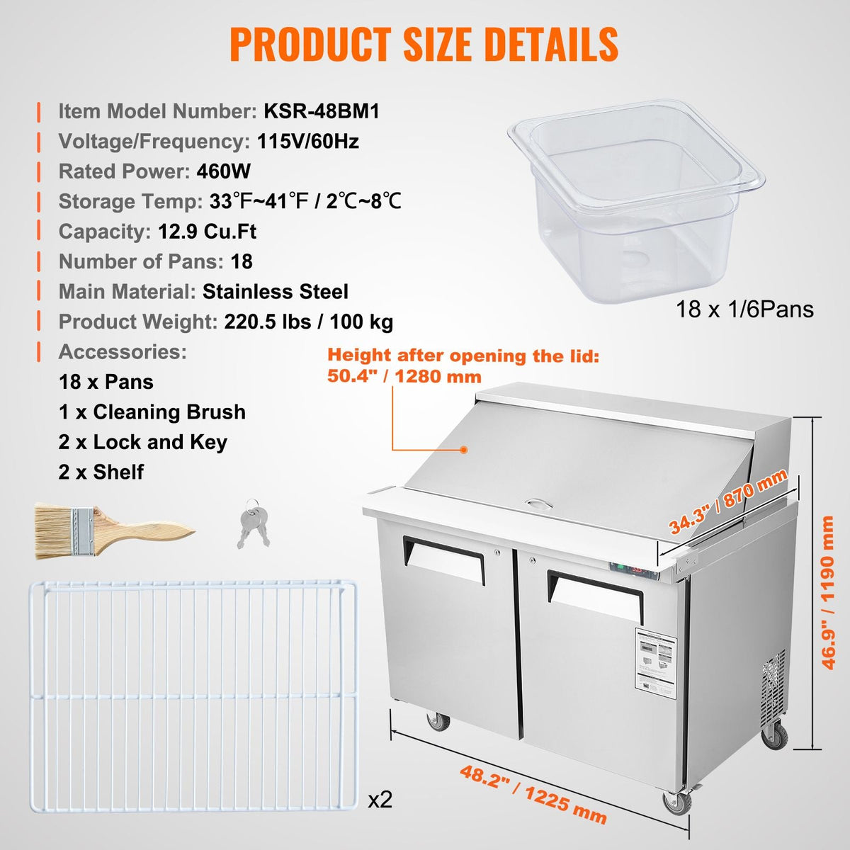 48" Commercial Refrigerator Sandwich & Salad Prep Table, 12.9 Cu. Ft Stainless Steel Refrigerated Food Prep Station with 18 Pans, Cut Board, Frost Free Refrigerator with Lock for Restaurant