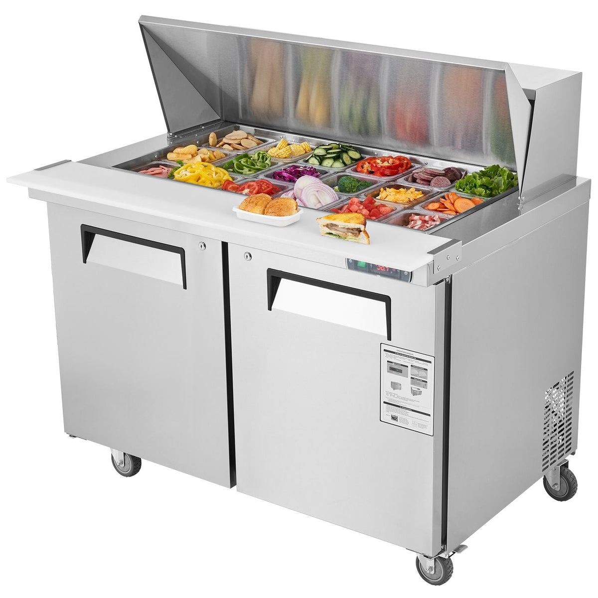 48" Commercial Refrigerator Sandwich & Salad Prep Table, 12.9 Cu. Ft Stainless Steel Refrigerated Food Prep Station with 18 Pans, Cut Board, Frost Free Refrigerator with Lock for Restaurant