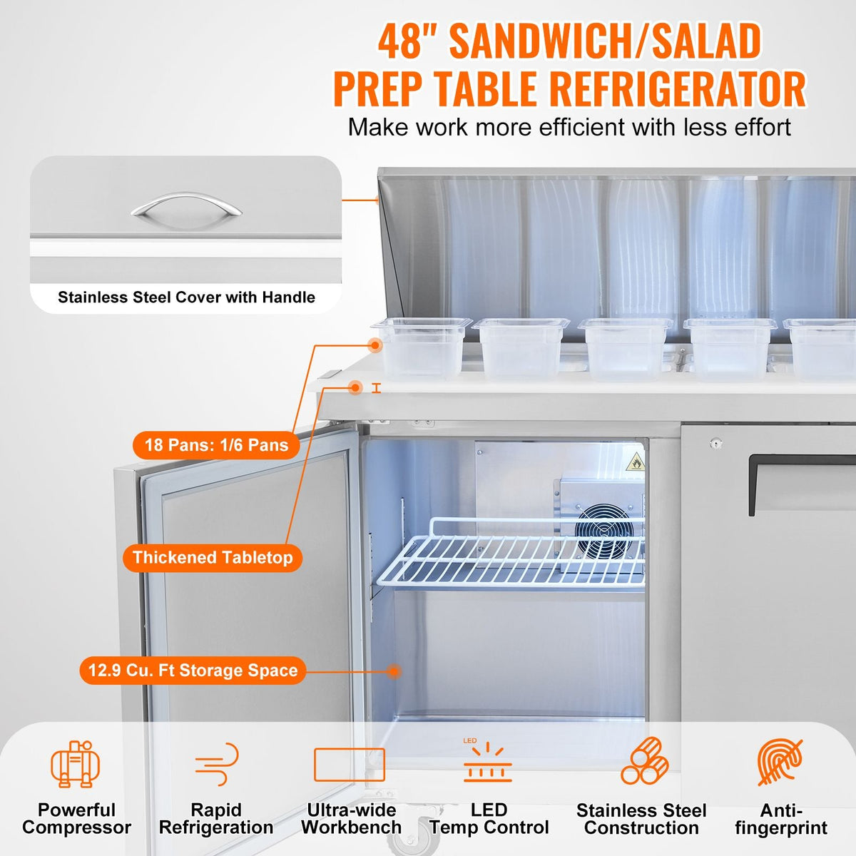 48" Commercial Refrigerator Sandwich & Salad Prep Table, 12.9 Cu. Ft Stainless Steel Refrigerated Food Prep Station with 18 Pans, Cut Board, Frost Free Refrigerator with Lock for Restaurant