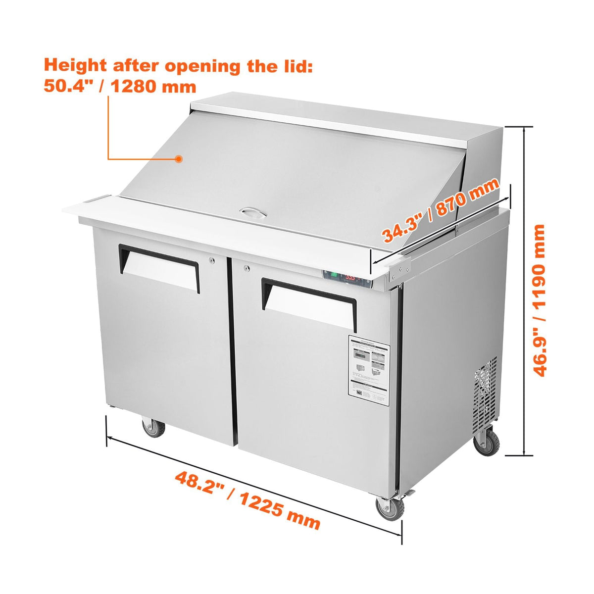 48" Commercial Refrigerator Sandwich & Salad Prep Table, 12.9 Cu. Ft Stainless Steel Refrigerated Food Prep Station with 18 Pans, Cut Board, Frost Free Refrigerator with Lock for Restaurant