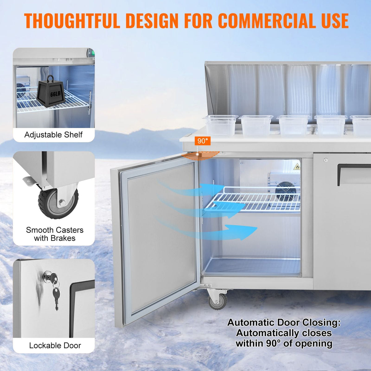 48" Commercial Refrigerator Sandwich & Salad Prep Table, 12.9 Cu. Ft Stainless Steel Refrigerated Food Prep Station with 18 Pans, Cut Board, Frost Free Refrigerator with Lock for Restaurant