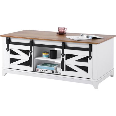 48" Farmhouse Coffee Table, Rectangle Coffee Table with 2 Sliding Barn Doors, 2 Tiers Wooden Rustic Table with Removable Shelves for Living Room, Bedroom, Apartment, or Studio, White & Natural
