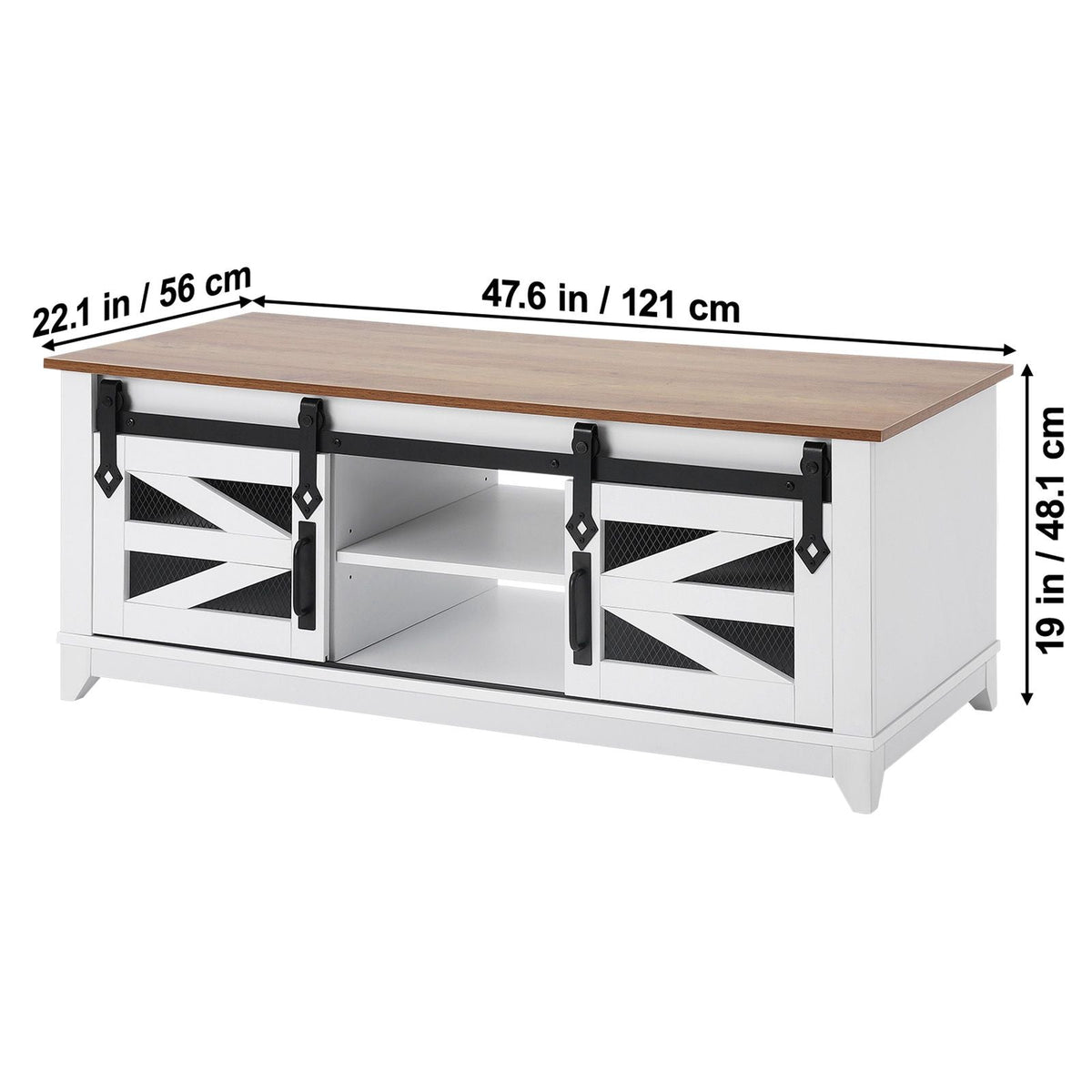 48" Farmhouse Coffee Table, Rectangle Coffee Table with 2 Sliding Barn Doors, 2 Tiers Wooden Rustic Table with Removable Shelves for Living Room, Bedroom, Apartment, or Studio, White & Natural
