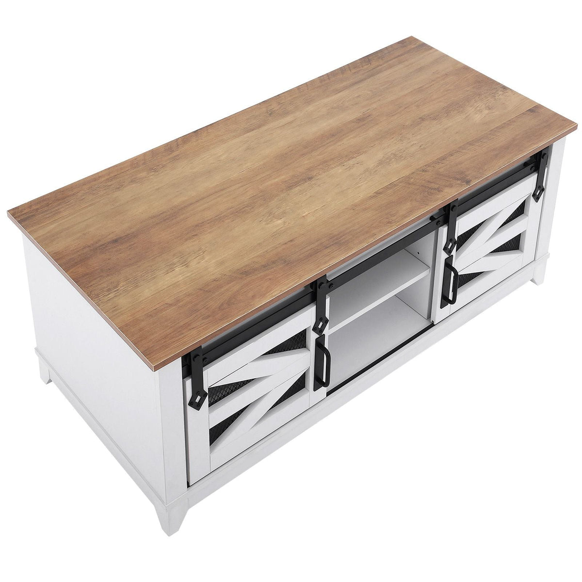 48" Farmhouse Coffee Table, Rectangle Coffee Table with 2 Sliding Barn Doors, 2 Tiers Wooden Rustic Table with Removable Shelves for Living Room, Bedroom, Apartment, or Studio, White & Natural