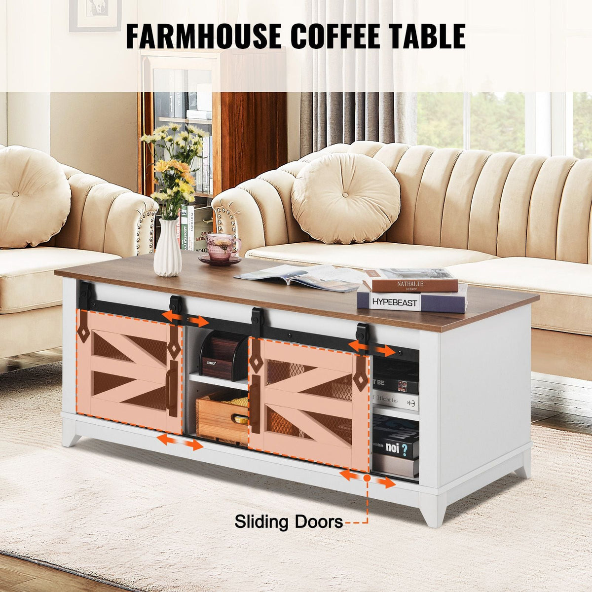 48" Farmhouse Coffee Table, Rectangle Coffee Table with 2 Sliding Barn Doors, 2 Tiers Wooden Rustic Table with Removable Shelves for Living Room, Bedroom, Apartment, or Studio, White & Natural