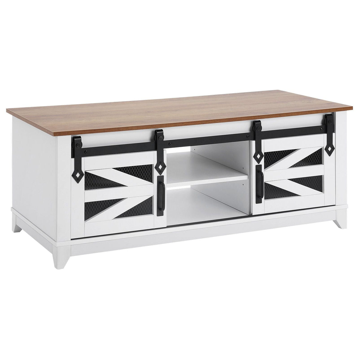 48" Farmhouse Coffee Table, Rectangle Coffee Table with 2 Sliding Barn Doors, 2 Tiers Wooden Rustic Table with Removable Shelves for Living Room, Bedroom, Apartment, or Studio, White & Natural