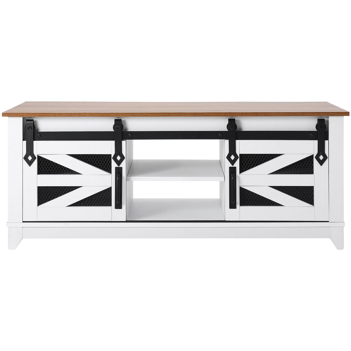48" Farmhouse Coffee Table, Rectangle Coffee Table with 2 Sliding Barn Doors, 2 Tiers Wooden Rustic Table with Removable Shelves for Living Room, Bedroom, Apartment, or Studio, White & Natural