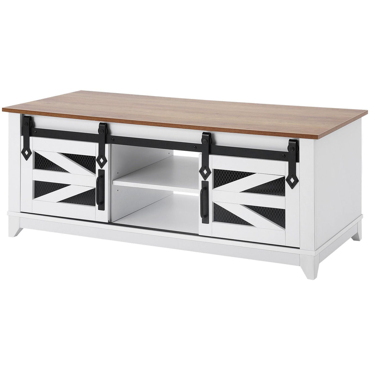 48" Farmhouse Coffee Table, Rectangle Coffee Table with 2 Sliding Barn Doors, 2 Tiers Wooden Rustic Table with Removable Shelves for Living Room, Bedroom, Apartment, or Studio, White & Natural