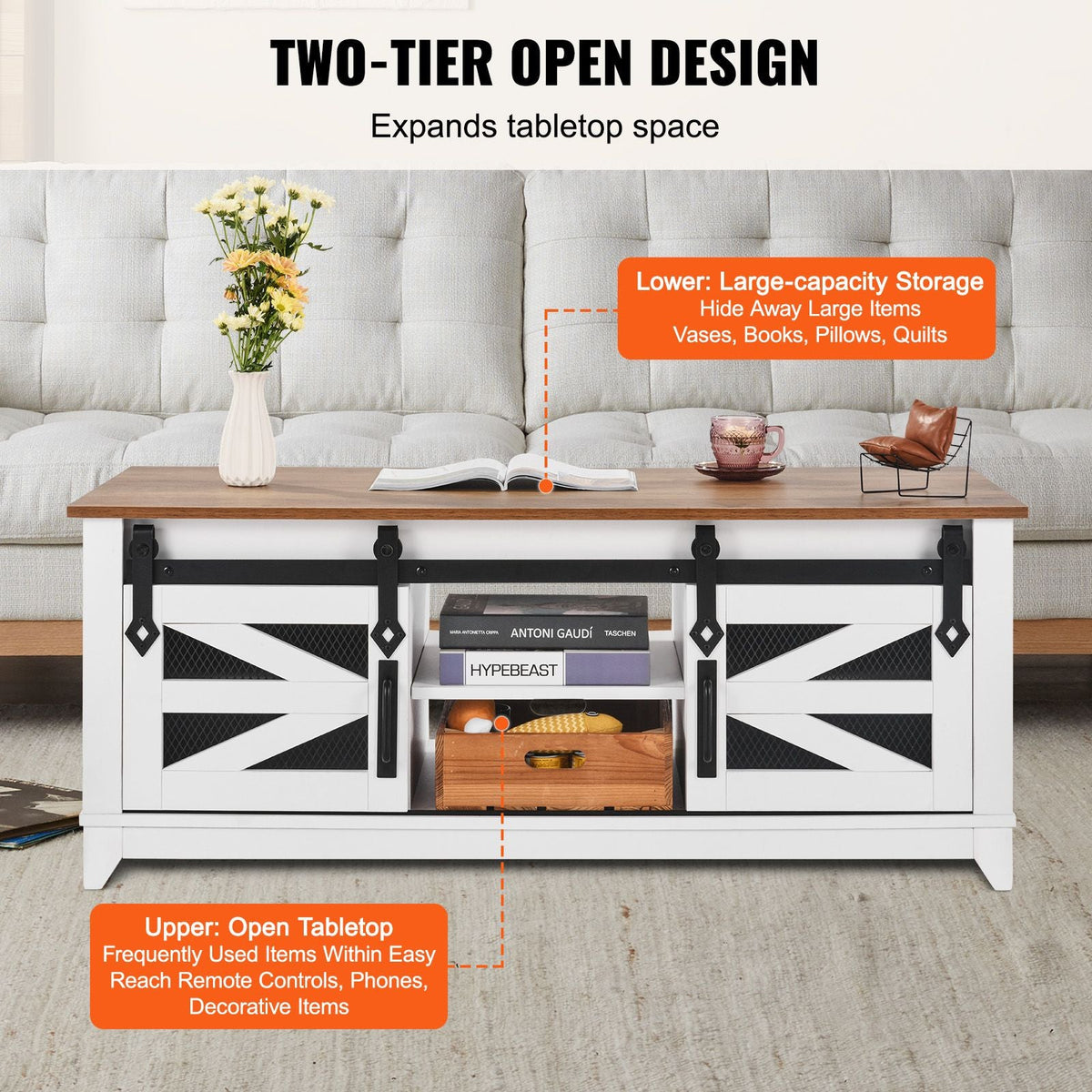 48" Farmhouse Coffee Table, Rectangle Coffee Table with 2 Sliding Barn Doors, 2 Tiers Wooden Rustic Table with Removable Shelves for Living Room, Bedroom, Apartment, or Studio, White & Natural