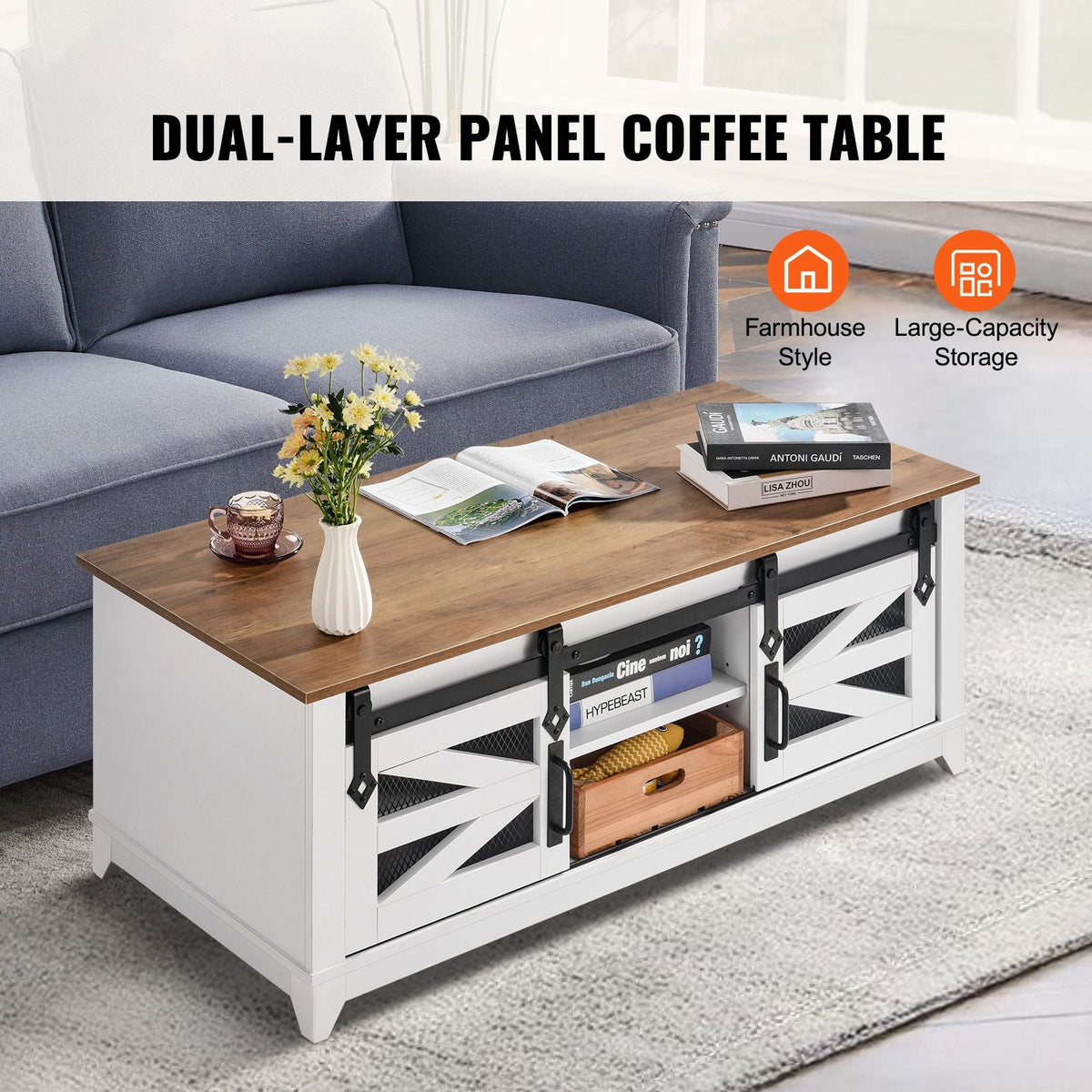 48" Farmhouse Coffee Table, Rectangle Coffee Table with 2 Sliding Barn Doors, 2 Tiers Wooden Rustic Table with Removable Shelves for Living Room, Bedroom, Apartment, or Studio, White & Natural