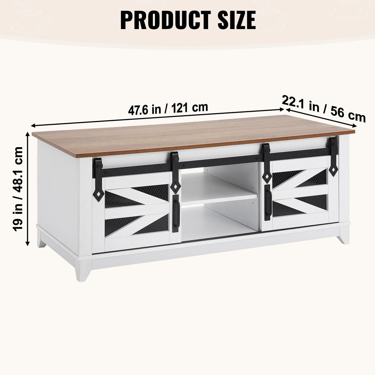 48" Farmhouse Coffee Table, Rectangle Coffee Table with 2 Sliding Barn Doors, 2 Tiers Wooden Rustic Table with Removable Shelves for Living Room, Bedroom, Apartment, or Studio, White & Natural