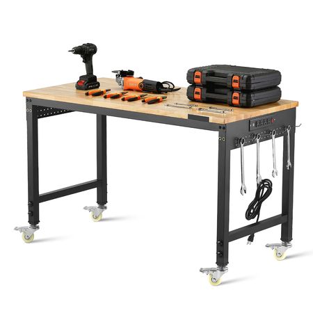 48-Inch Adjustable Workbench, 2000 lbs Load, Work Bench with Power Outlet, Wheels, and Pegboard, Heavy Duty Oak Wood Top Work Table for Garage, Workshop, Office, and Home