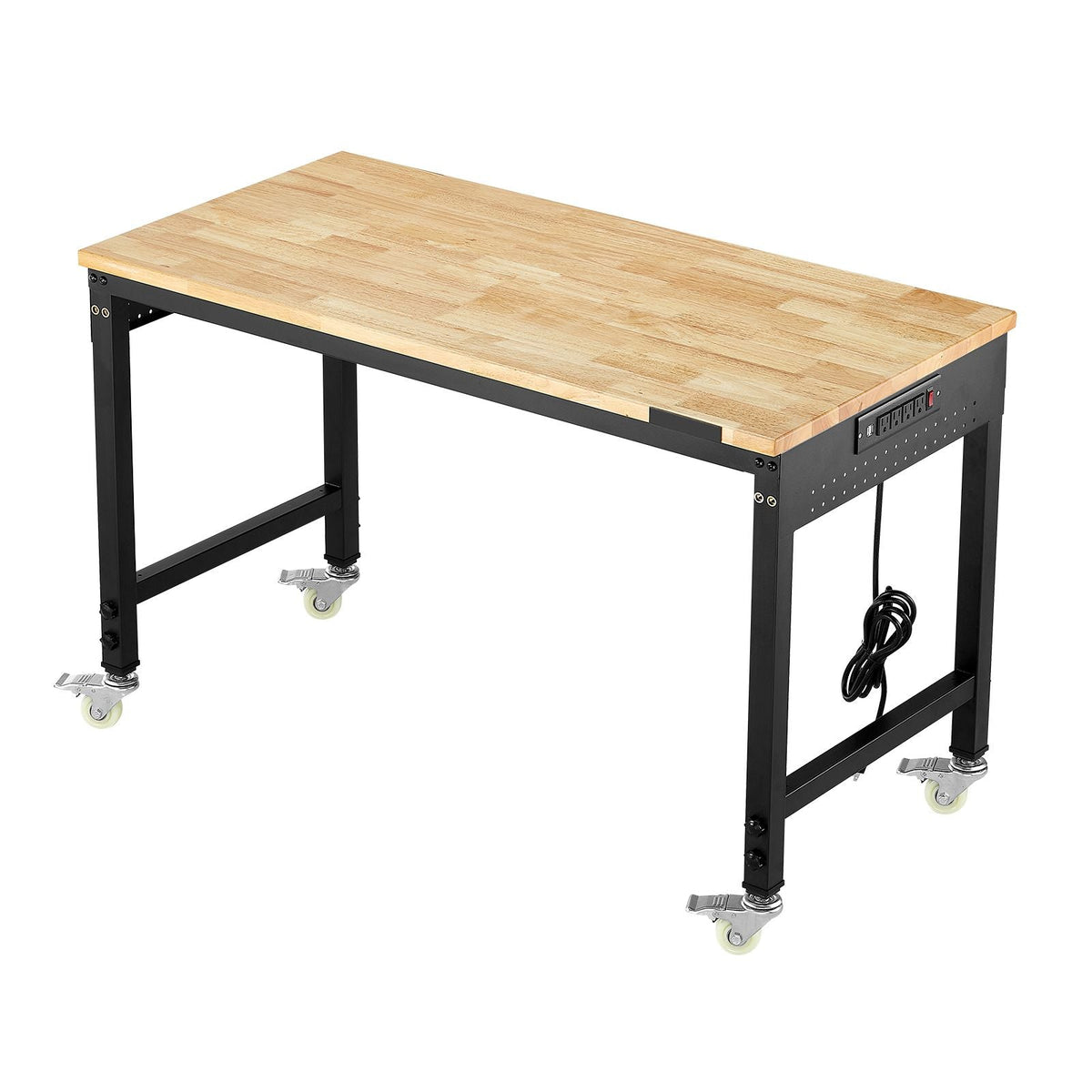 48-Inch Adjustable Workbench, 2000 lbs Load, Work Bench with Power Outlet, Wheels, and Pegboard, Heavy Duty Oak Wood Top Work Table for Garage, Workshop, Office, and Home