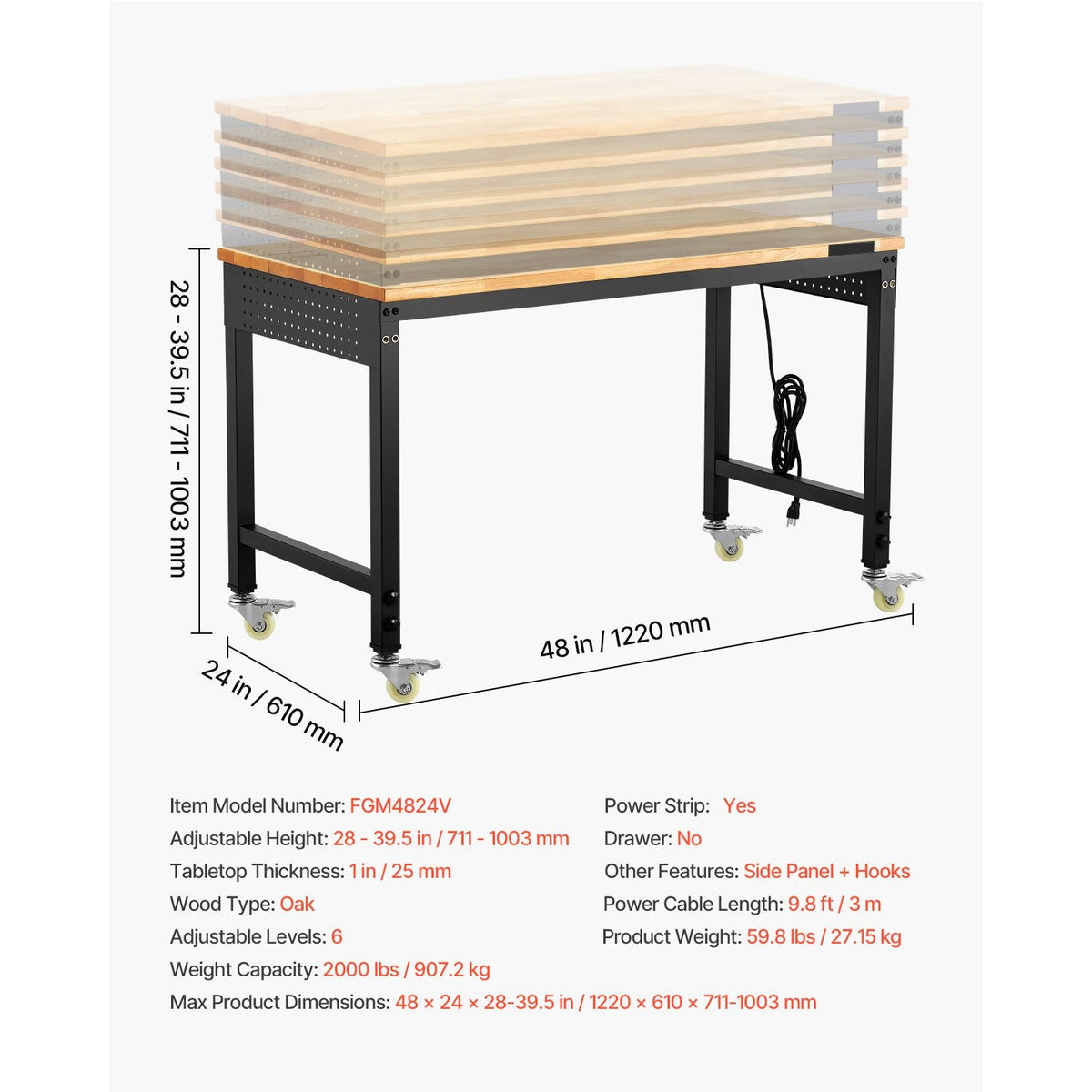 48-Inch Adjustable Workbench, 2000 lbs Load, Work Bench with Power Outlet, Wheels, and Pegboard, Heavy Duty Oak Wood Top Work Table for Garage, Workshop, Office, and Home