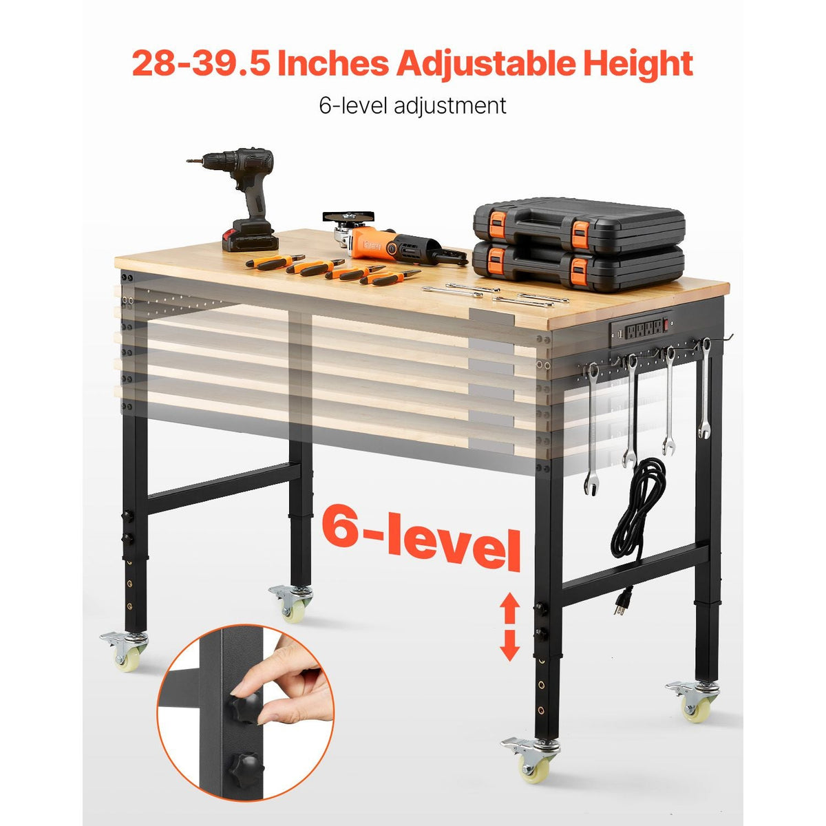 48-Inch Adjustable Workbench, 2000 lbs Load, Work Bench with Power Outlet, Wheels, and Pegboard, Heavy Duty Oak Wood Top Work Table for Garage, Workshop, Office, and Home