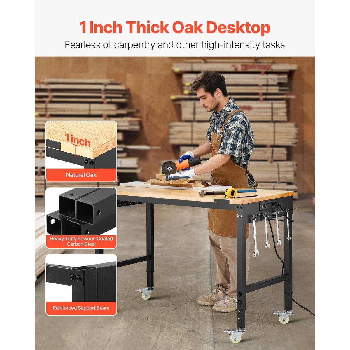 48-Inch Adjustable Workbench, 2000 lbs Load, Work Bench with Power Outlet, Wheels, and Pegboard, Heavy Duty Oak Wood Top Work Table for Garage, Workshop, Office, and Home