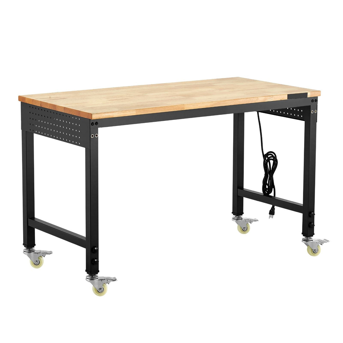 48-Inch Adjustable Workbench, 2000 lbs Load, Work Bench with Power Outlet, Wheels, and Pegboard, Heavy Duty Oak Wood Top Work Table for Garage, Workshop, Office, and Home