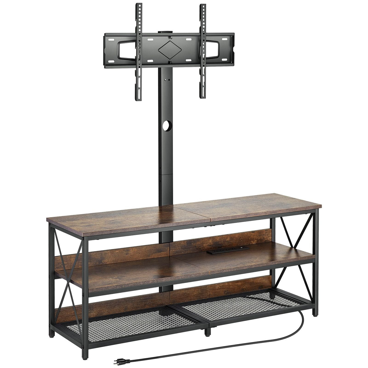 48" TV Stand with Mount for up to 75 in TVs, Entertainment Center with Power Outlet, Height Adjustable TV Console with Mount with 3 Tiers Open Storage Cabinets for Bedroom, Living Room, Browm