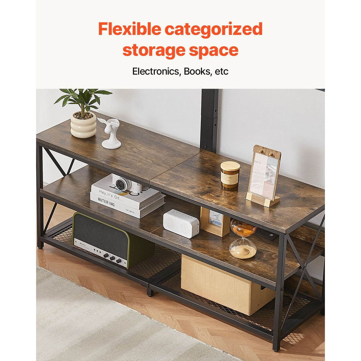 48" TV Stand with Mount for up to 75 in TVs, Entertainment Center with Power Outlet, Height Adjustable TV Console with Mount with 3 Tiers Open Storage Cabinets for Bedroom, Living Room, Browm