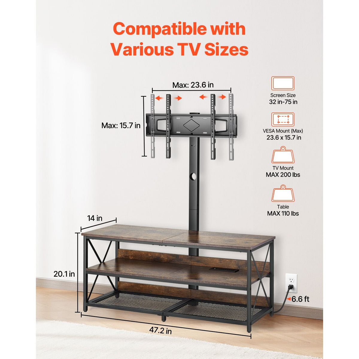 48" TV Stand with Mount for up to 75 in TVs, Entertainment Center with Power Outlet, Height Adjustable TV Console with Mount with 3 Tiers Open Storage Cabinets for Bedroom, Living Room, Browm