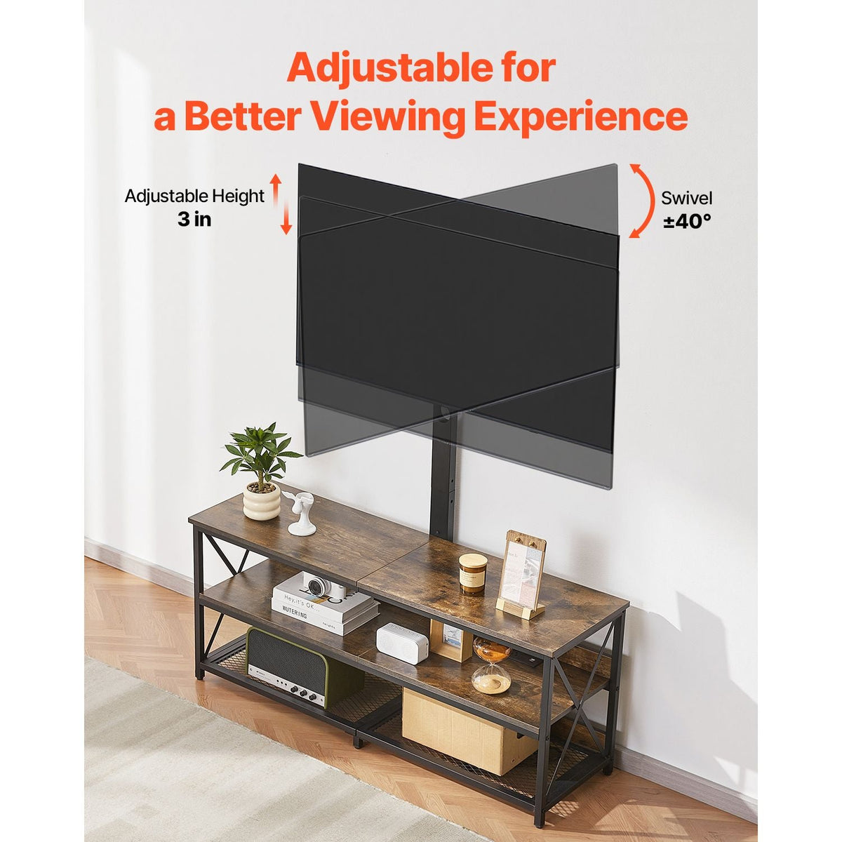 48" TV Stand with Mount for up to 75 in TVs, Entertainment Center with Power Outlet, Height Adjustable TV Console with Mount with 3 Tiers Open Storage Cabinets for Bedroom, Living Room, Browm