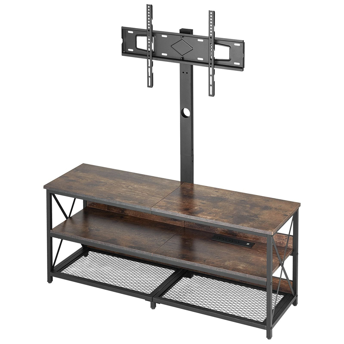 48" TV Stand with Mount for up to 75 in TVs, Entertainment Center with Power Outlet, Height Adjustable TV Console with Mount with 3 Tiers Open Storage Cabinets for Bedroom, Living Room, Browm