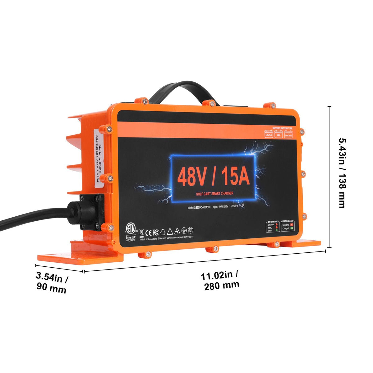 48 Volt Golf Cart Battery Charger, 15 AMP, Smart Battery Charger with RXV Plug, Compatible with Lead-Acid AGM/GEL/EFB MF Flooded NMC LiFePO4 Batteries for EZGO TXT, IP67 Waterproof ETL Certified