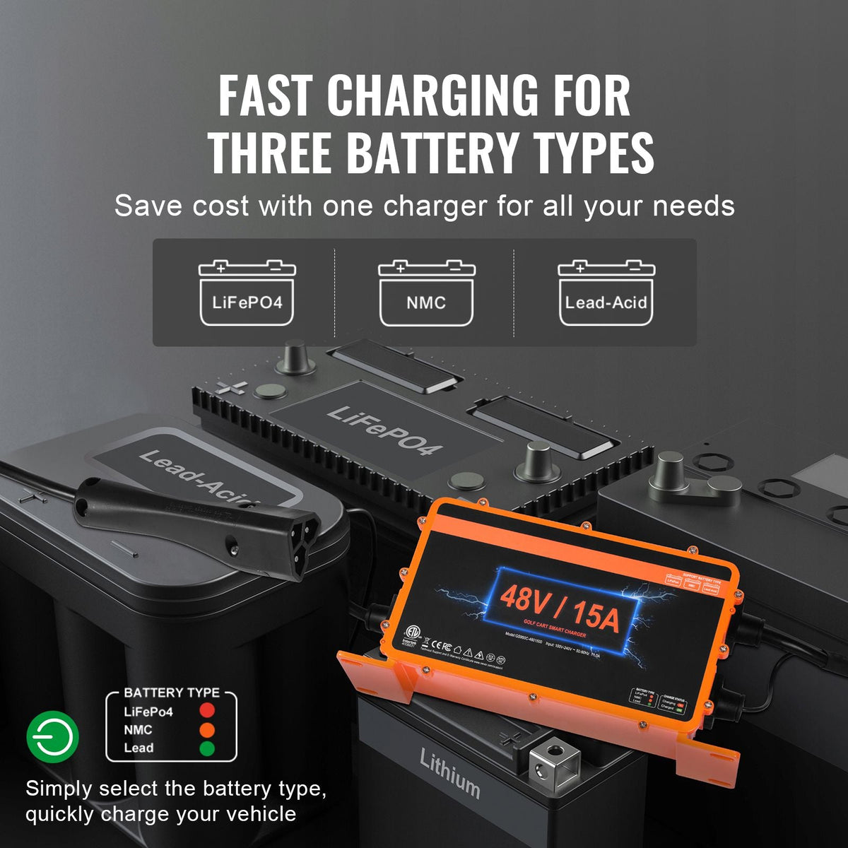48 Volt Golf Cart Battery Charger, 15 AMP, Smart Battery Charger with RXV Plug, Compatible with Lead-Acid AGM/GEL/EFB MF Flooded NMC LiFePO4 Batteries for EZGO TXT, IP67 Waterproof ETL Certified