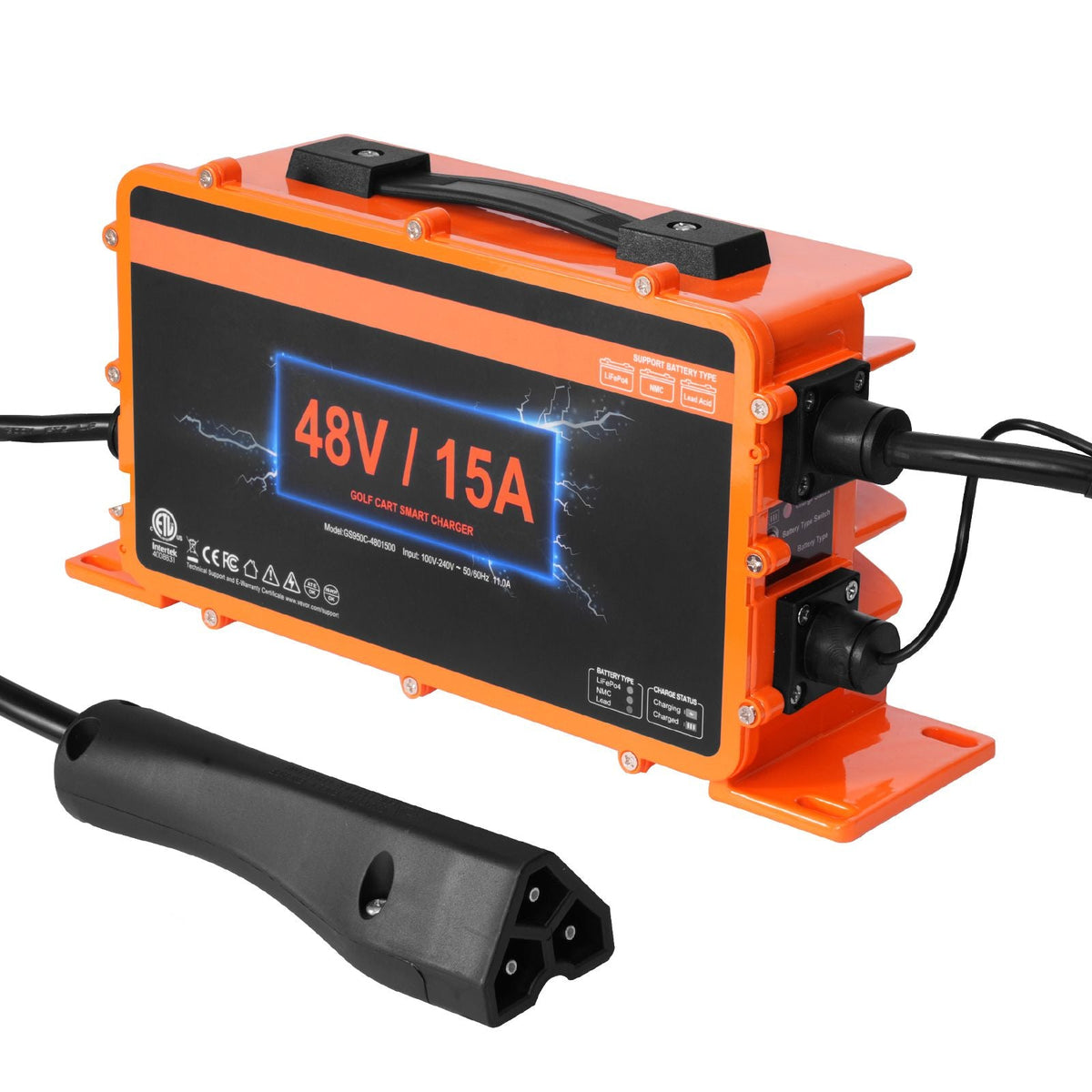 48 Volt Golf Cart Battery Charger, 15 AMP, Smart Battery Charger with RXV Plug, Compatible with Lead-Acid AGM/GEL/EFB MF Flooded NMC LiFePO4 Batteries for EZGO TXT, IP67 Waterproof ETL Certified