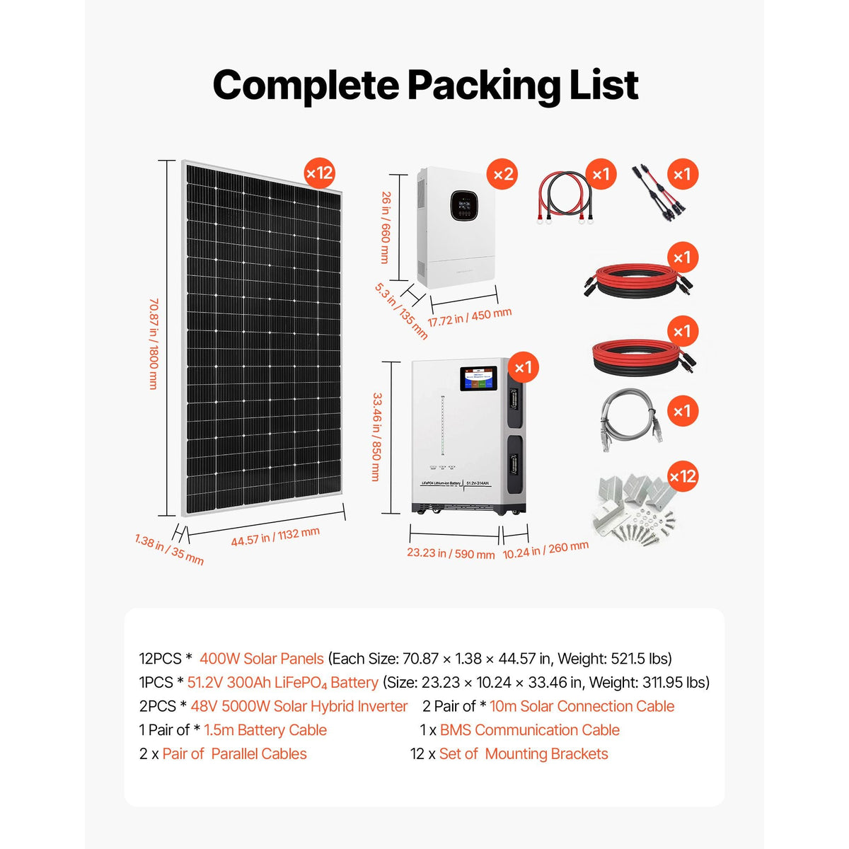 4800W 48V Complete Solar Power Kit, 12*400W Monocrystalline Solar Panels + 51.2V 300Ah LiFePO4 Battery + 48V 10KW Hybrid Inverter, Super High Output Off-Grid Solar Kit for Large House Shed Farm