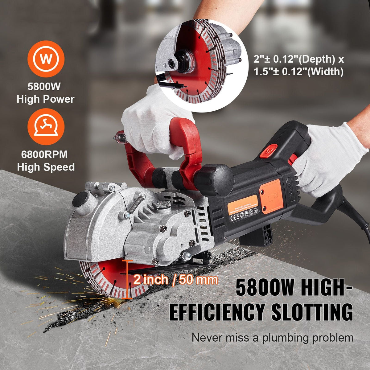 4800W Wall Chaser 38mm/1.5" Cutting Width,Wall Groove Cutting Machine 52mm/2" Cutting Depth,Wall Slotting Machine With 5 Saw Blades 6.3" Diameter 5000r/Min,One-time Forming Dustless