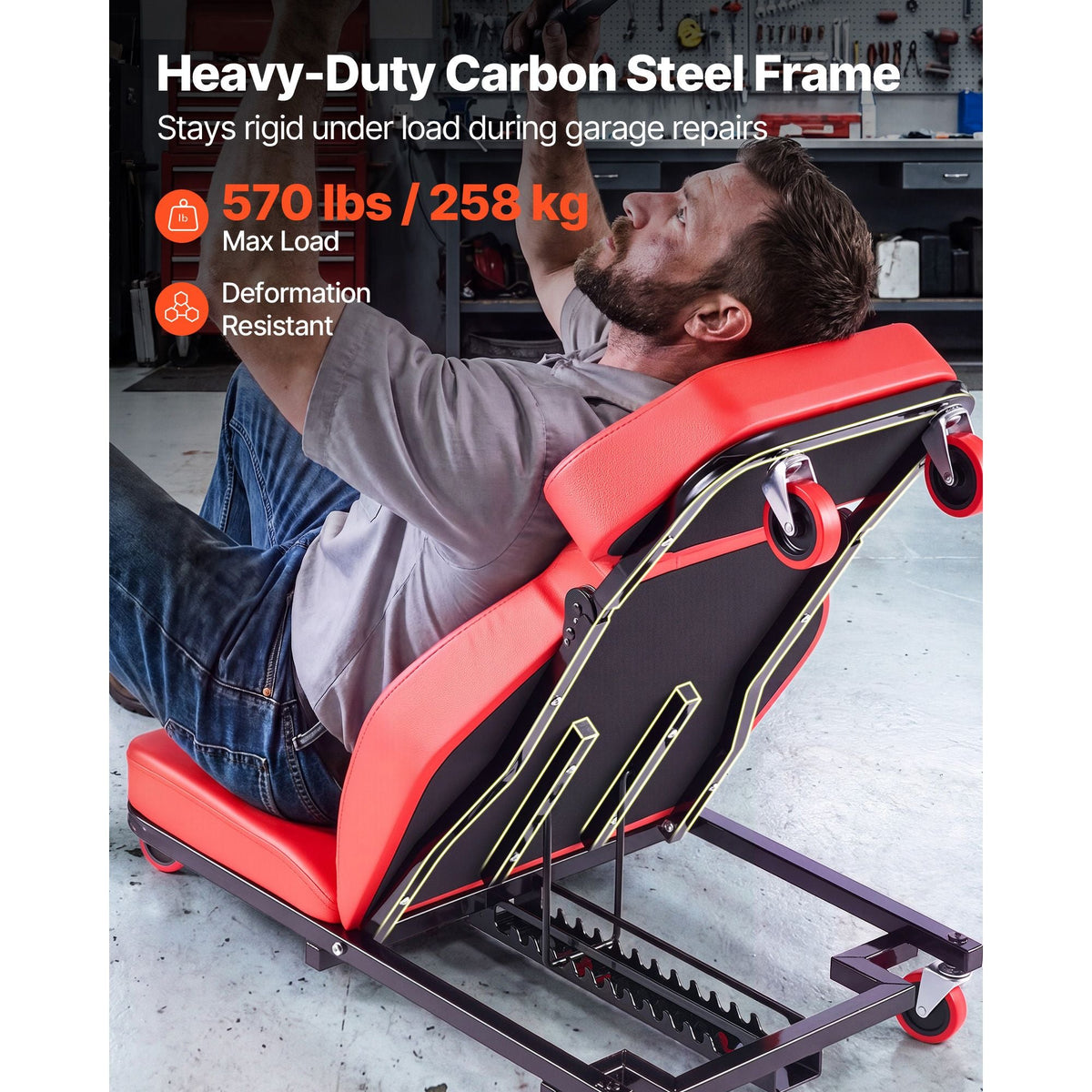 48.4 in 2-in-1 Mechanic Creeper, Adjustable Backrest Garage Creeper Seat, 570 lbs Under Car Rolling Chair with 6 Swivel Casters, Padded Headrest for Auto Repair
