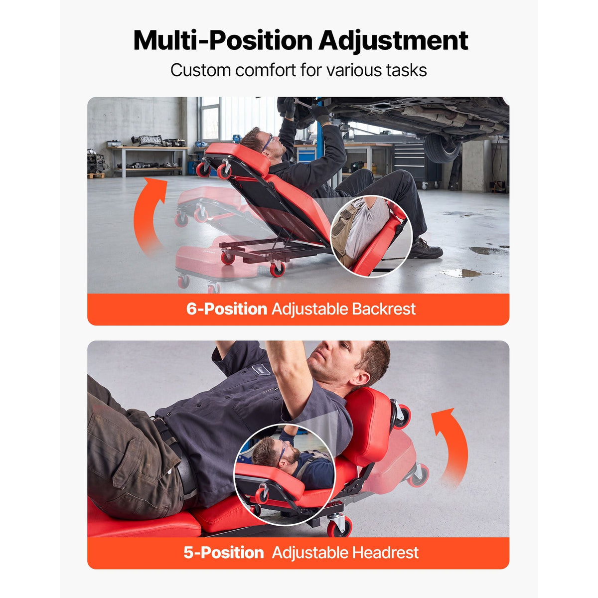 48.4 in 2-in-1 Mechanic Creeper, Adjustable Backrest Garage Creeper Seat, 570 lbs Under Car Rolling Chair with 6 Swivel Casters, Padded Headrest for Auto Repair